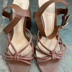 SCHUTZ Tan Braided Strap Block Heel Sandals